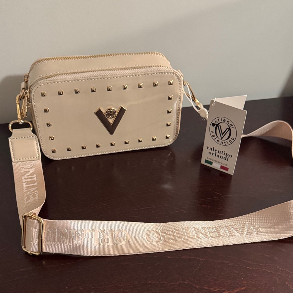 Valentino Orlandi Cream Crossbody Bag with Gold Accents